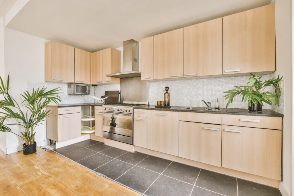 Cream colored kitchen cabinets